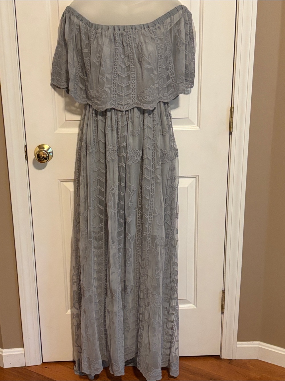 Off-The-Shoulder Lace Maxi Dress in Gray